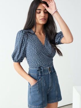 & Other Stories Navy Mini Wrap Top with White Micro Floral